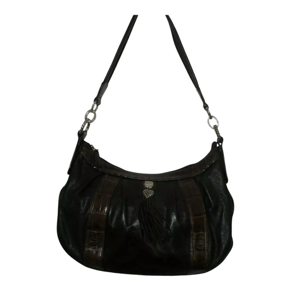 BRIGHTON Large Purse Croc Leather Black Brown Zip Top Bag Tassel Hobo - Picture 4 of 6